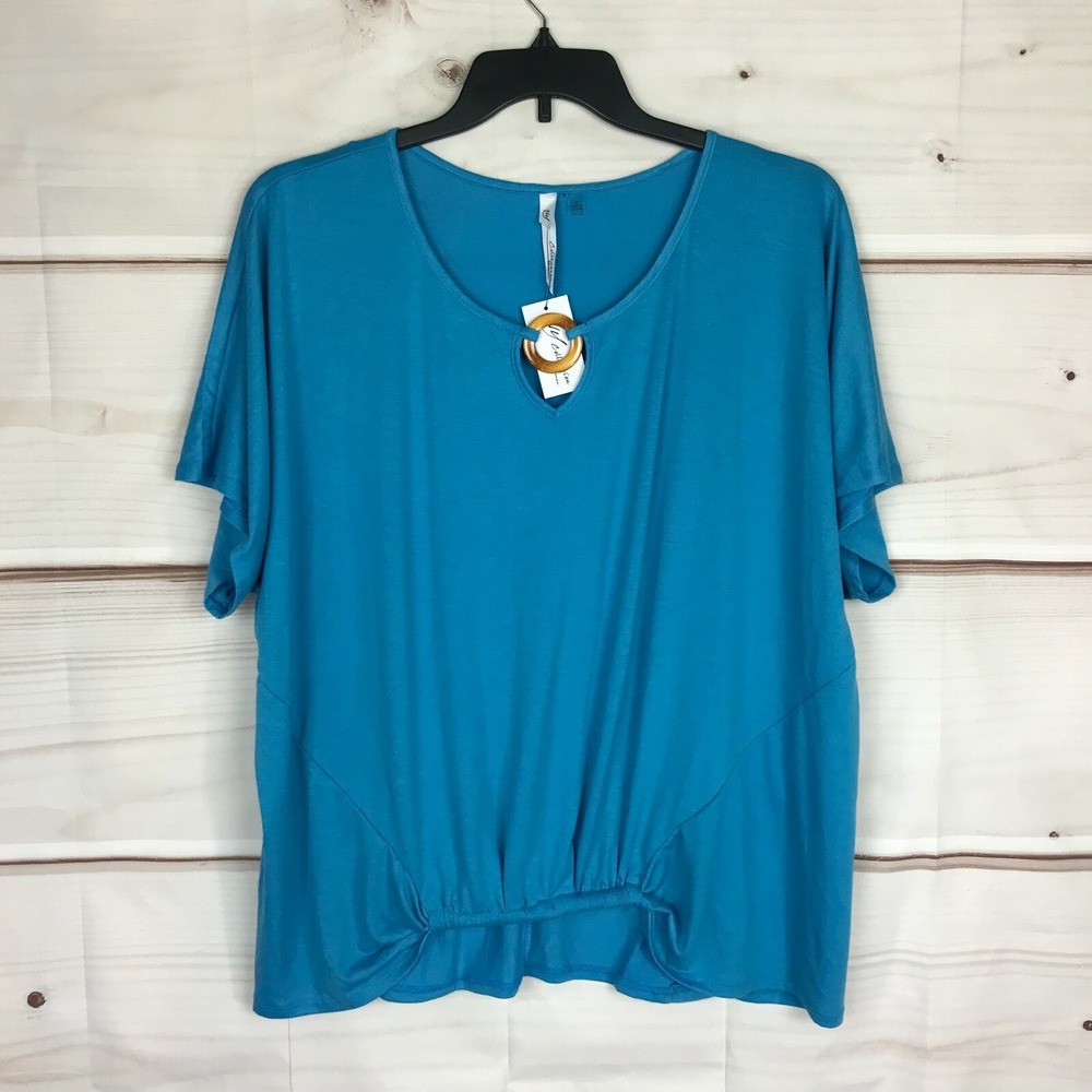 NY Collection Top Womens 2X Blue Keyhole Neck Blouse Short Sleeve Knit Pullover